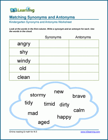 Synonyms And Antonyms Worksheets K5 Learning