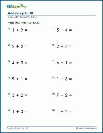 easy addition worksheets to 10