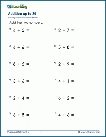 Single digit addition to 20 worksheets | K5 Learning