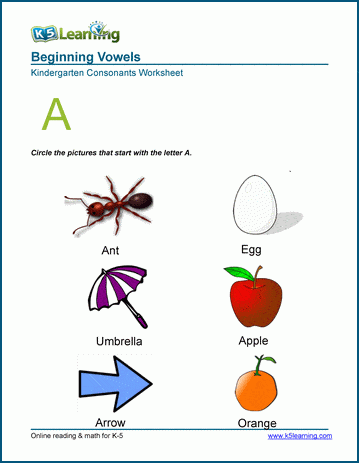 beginning vowel worksheets for preschool and kindergarten k5 learning