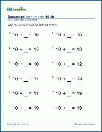 Decomposing Teen Numbers Worksheets K5 Learning