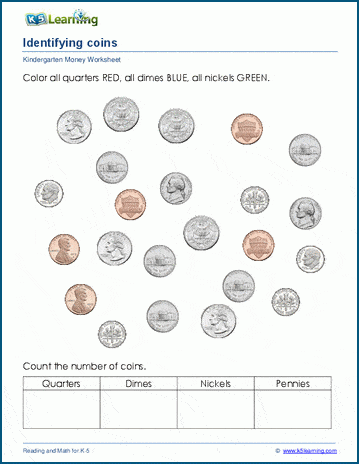 Identify coins money worksheets K5 Learning