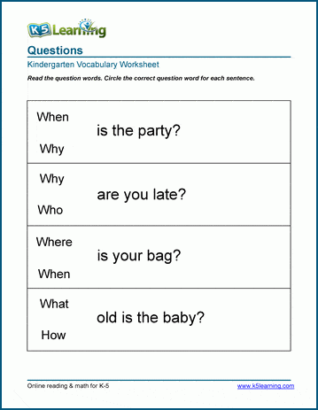 Question Word Worksheets K5 Learning