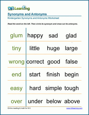 Free Preschool Kindergarten Synonyms And Antonyms Worksheets K5 Learning