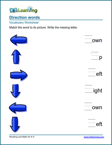 kindergarten vocabulary practice direction words k5 learning