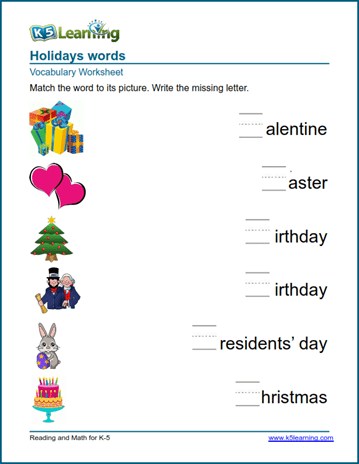 kindergarten vocabulary practice holidays words k5 learning