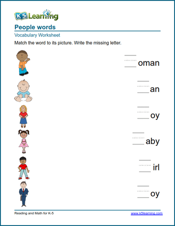 kindergarten vocabulary practice people words k5 learning