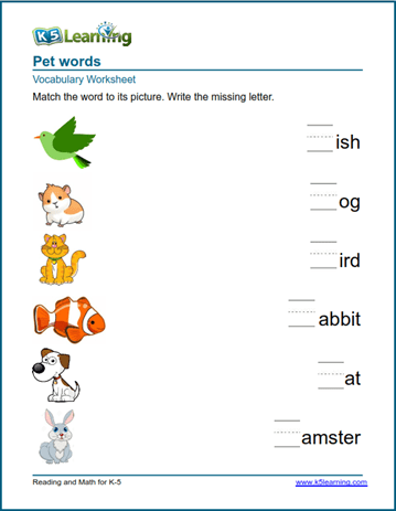 kindergarten vocabulary practice pet words k5 learning