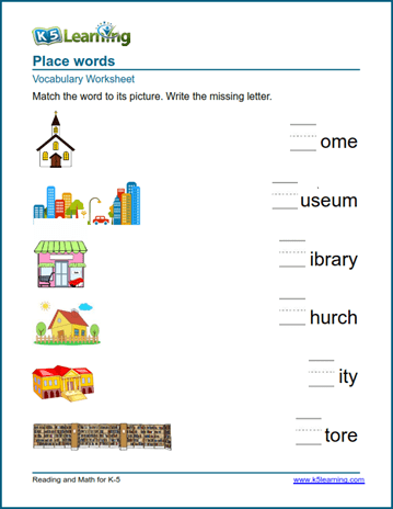 kindergarten vocabulary practice place words k5 learning