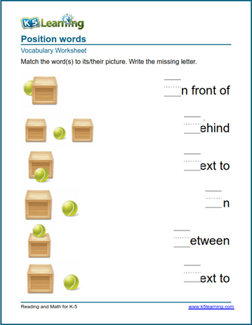 Position words worksheets K5 Learning