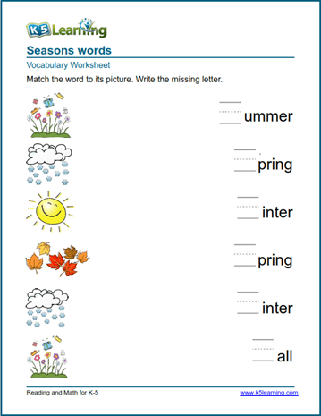 kindergarten vocabulary practice seasons words k5 learning