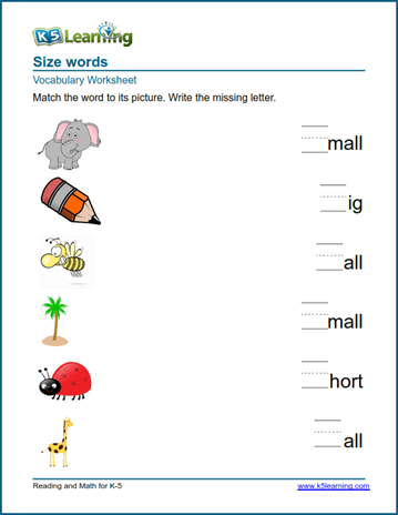 kindergarten vocabulary practice size words k5 learning