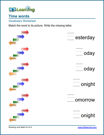 kindergarten vocabulary practice time words k5 learning