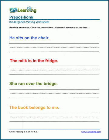 prepositions with pictures and sentences