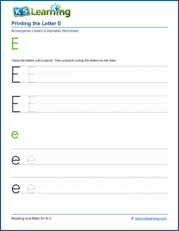 printing the letter e e k5 learning