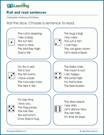 Roll and read sentences worksheet