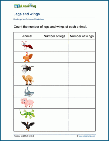 legs and wings worksheets k5 learning