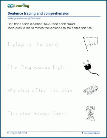 Trace words and match sentences to pictures worksheets