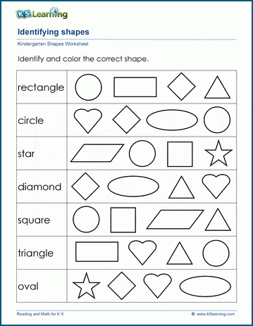 worksheet shapes kindergarten for K5   Identifying Shapes 2 Worksheets Dimensional Learning