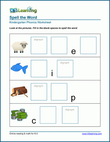 Phonetic spelling with digraphs worksheets for kindergarten | K5 Learning