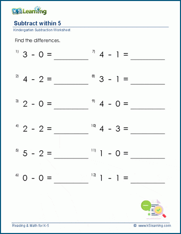 Subtract from 5 or less worksheets for preschool and kindergarten | K5 ...