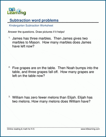 kindergarten subtraction word problem worksheets k5 learning