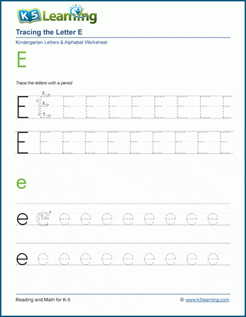 tracing the letter e e k5 learning