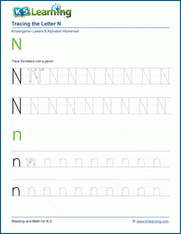 tracing the letter n n k5 learning