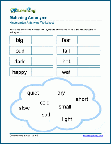 Kindergarten Synonyms Antonyms Circle Cross Words 6