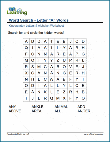 Word Search Letter A Words K5 Learning