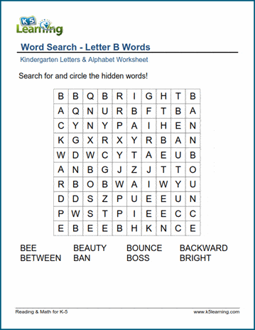 Printable 4 Letter Word Search beginning with B