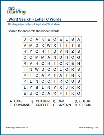 Word Search: Letter "C" Words | K5 Learning