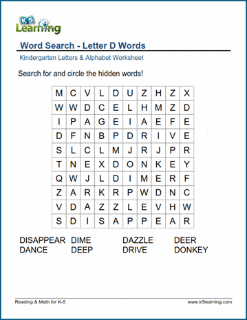 Word Search: Letter "D" Words | K5 Learning