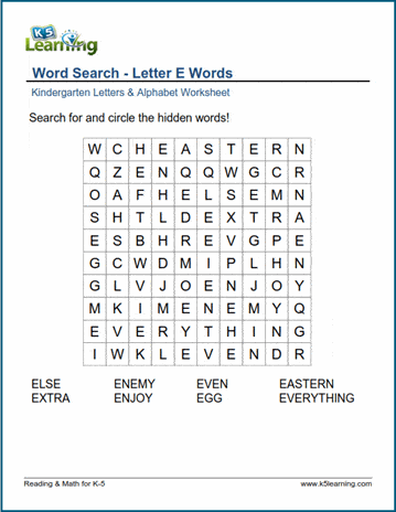 Word Search Letter E Words K5 Learning