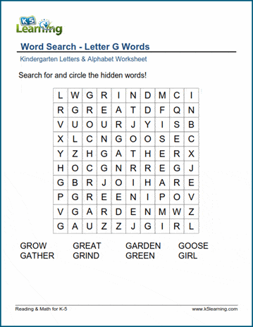 Word Search Letter G Words K5 Learning