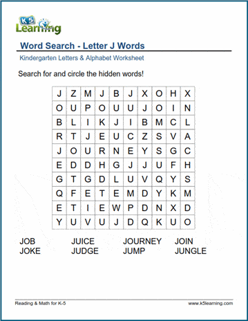 Word Search Letter J Words K5 Learning