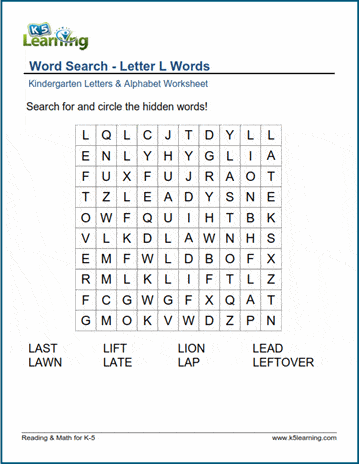 Word Search Letter L Words K5 Learning