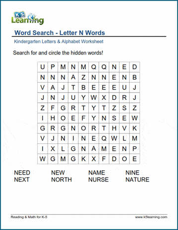 Word Search Letter N Words K5 Learning