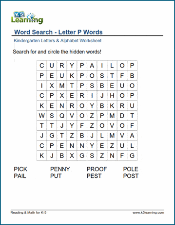 word search letter p words k5 learning