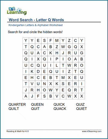 Word Search: Letter "Q" Words | K5 Learning