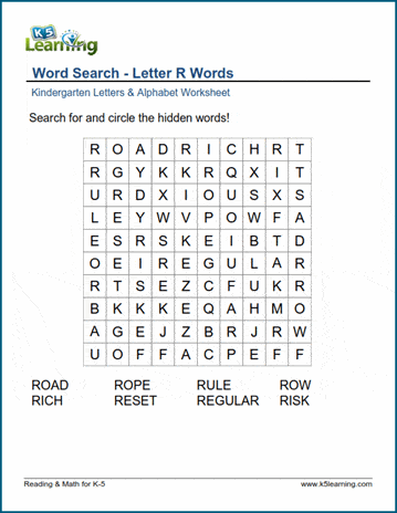 Word Search: Letter "R" Words | K5 Learning