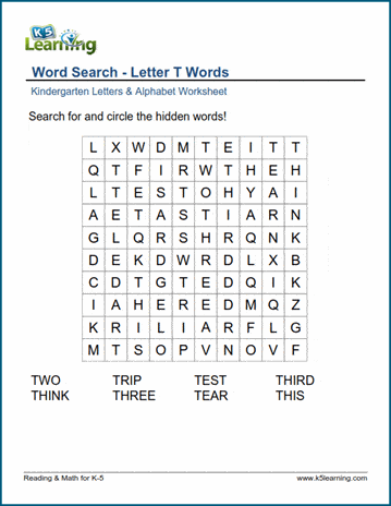 Word Search Letter T Words K5 Learning