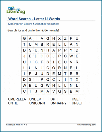 Word Search: Letter "U" Words | K5 Learning