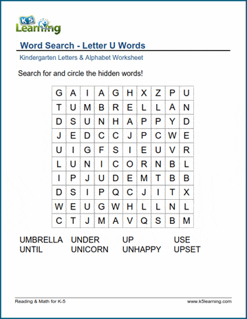 Word Search Letter U Words K5 Learning