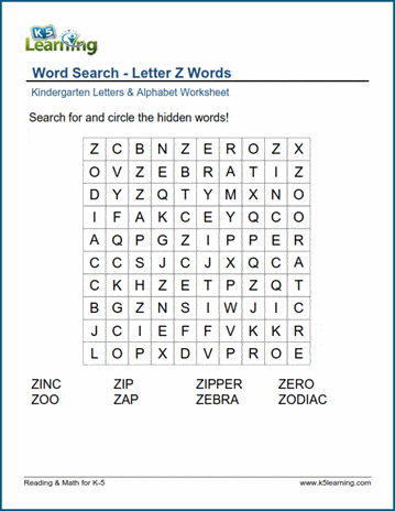 Word Search Letter Z Words K5 Learning