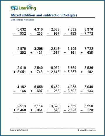 Mixed addition and subtraction (4 digits) worksheets K5 Learning