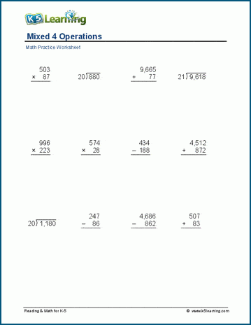 Mixed 4 Operations (2 4 digits) worksheets K5 Learning