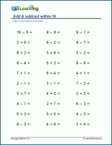 Add & subtract within 10 (horizontal) worksheets | K5 Learning