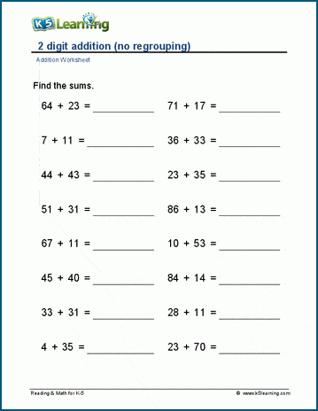 Math Addition Worksheets With Regrouping Worksheets For Kindergarten