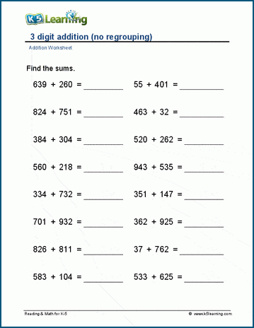 3-digit addition (no regrouping) worksheet